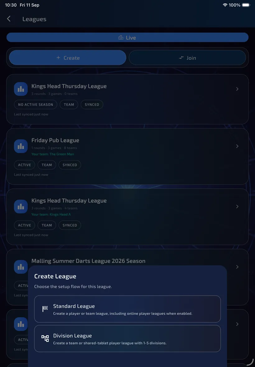 Create League sheet offering Standard League or Division League.