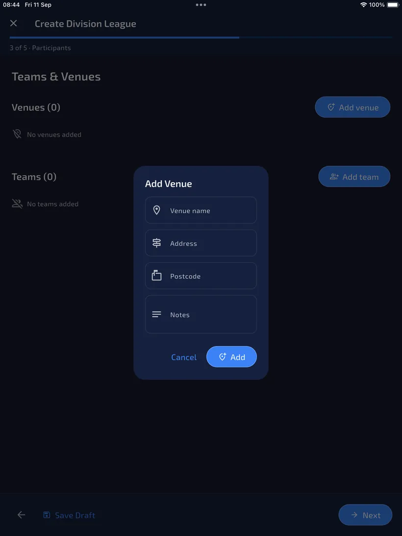 Add Venue dialog with Venue name, Address, Postcode, Notes, Cancel and Add.