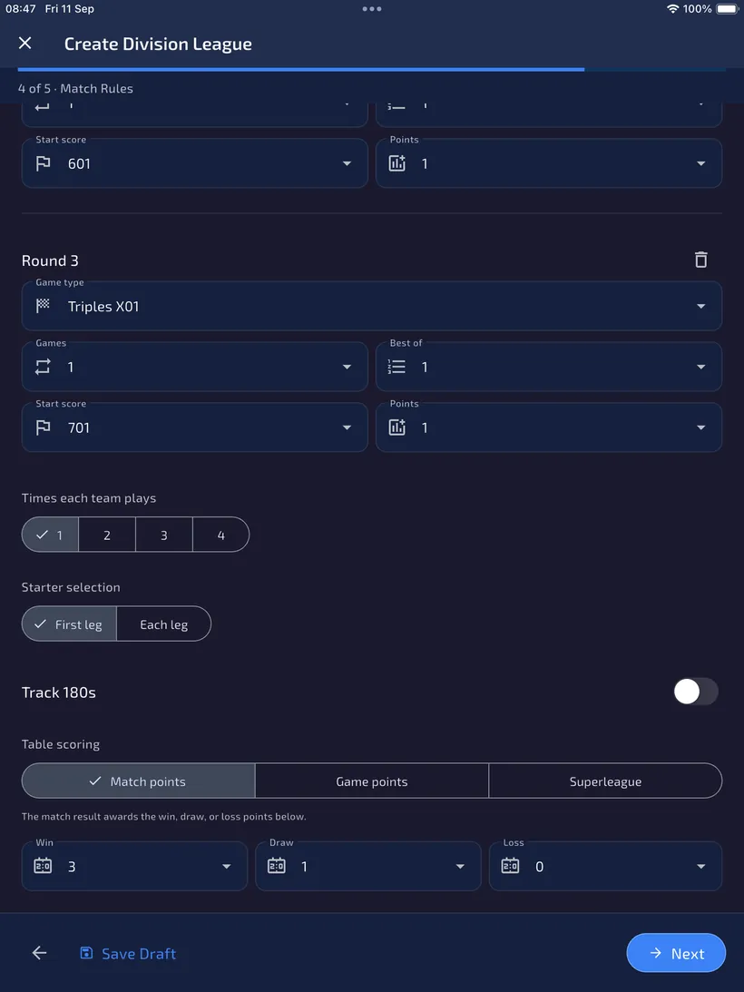Match Rules table scoring with Match points selected and Win 3, Draw 1, Loss 0.