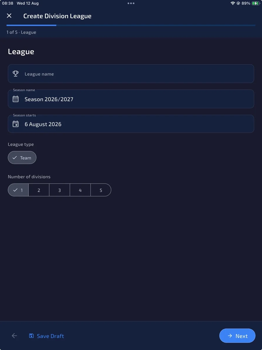 ProDart360 league division creator screen