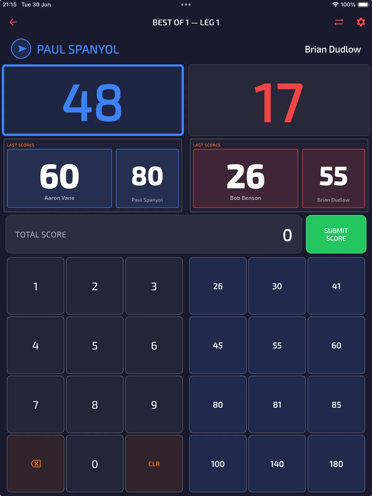 ProDart360 scorer showing both players, score presets and keypad