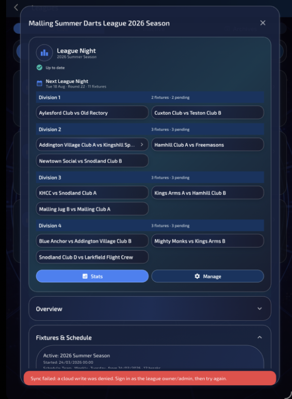 ProDart360 league night mobile screen